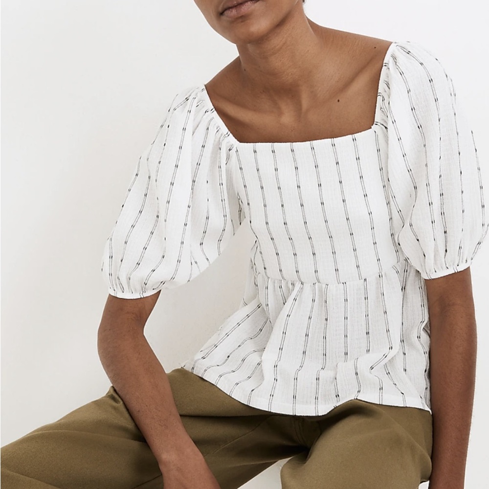Madewell Textured White Blouse with Black Stripes